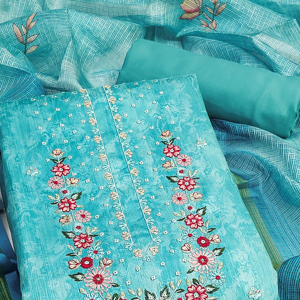 Aqua Blue Embroidered Art Silk Dress Material