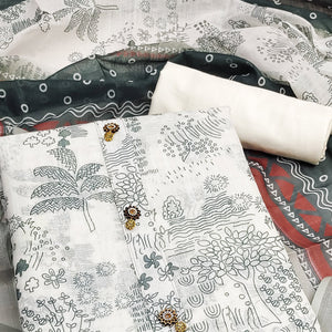 White & Grey Printed Linen Dress Material