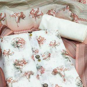 White & Rust Printed Linen Dress Material