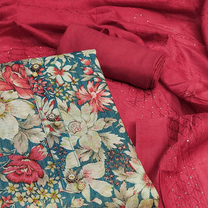 Rama Blue Floral Printed Cotton Silk Dress Material