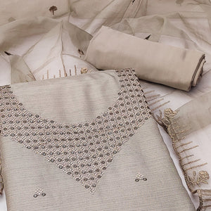 Beige Sequins Embroidered Art Silk Dress Material