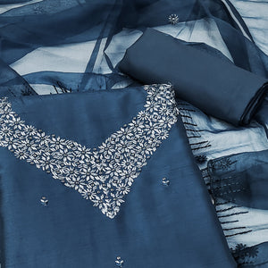 Teal Sequins Embroidered Art Silk Dress Material