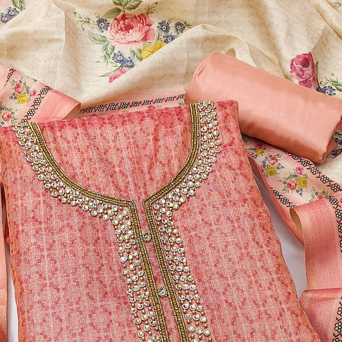 Peach Embroidered Art Silk Dress Material