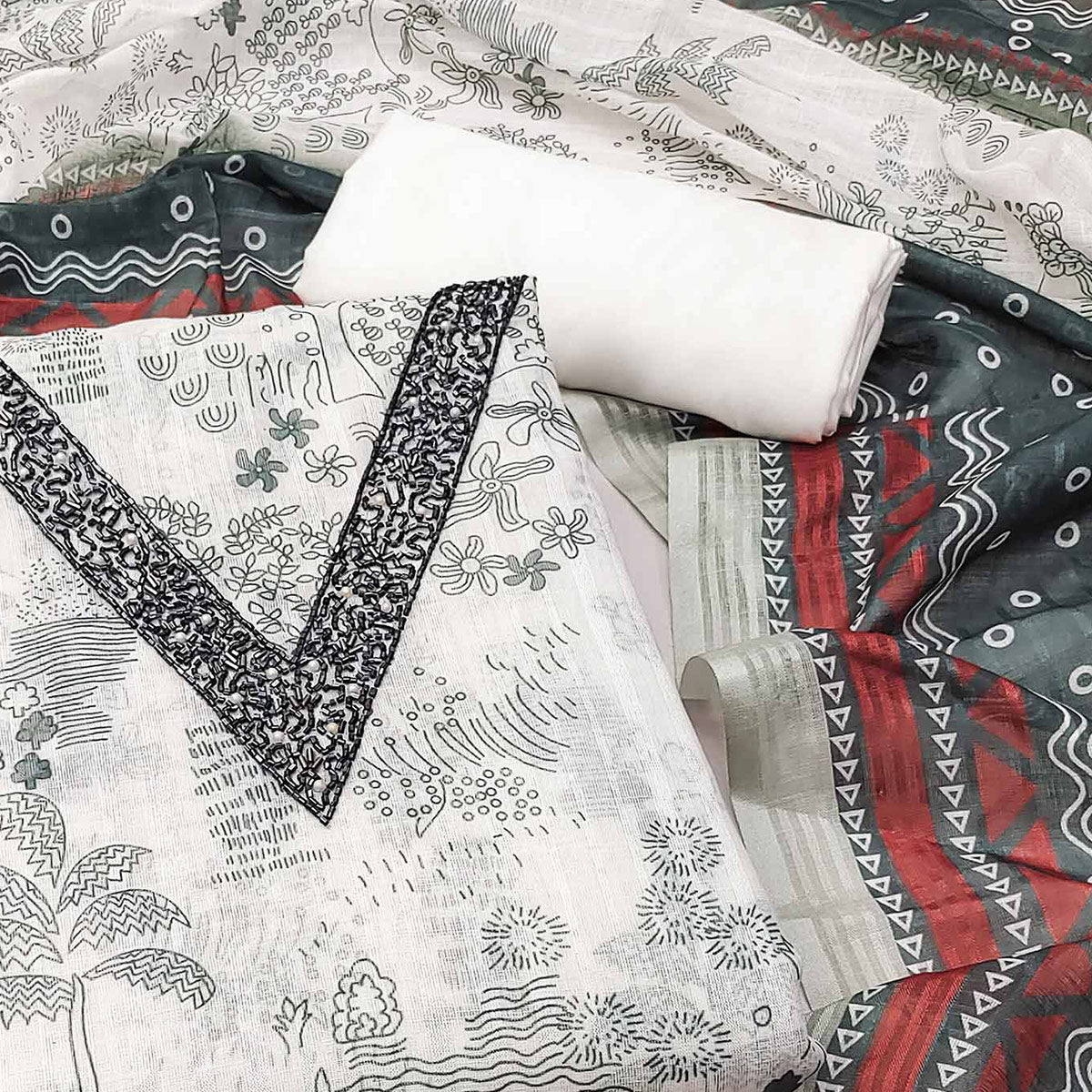 White Floral Printed Linen Dress Material