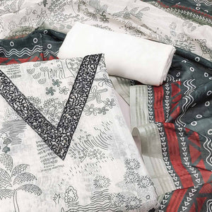 White Floral Printed Linen Dress Material