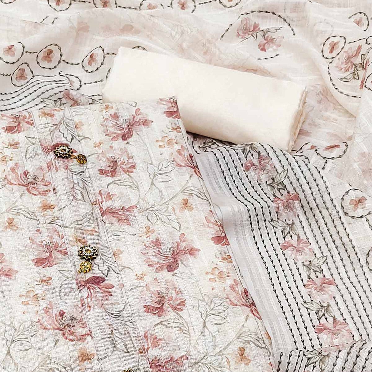 Cream Floral Printed Linen Dress Material