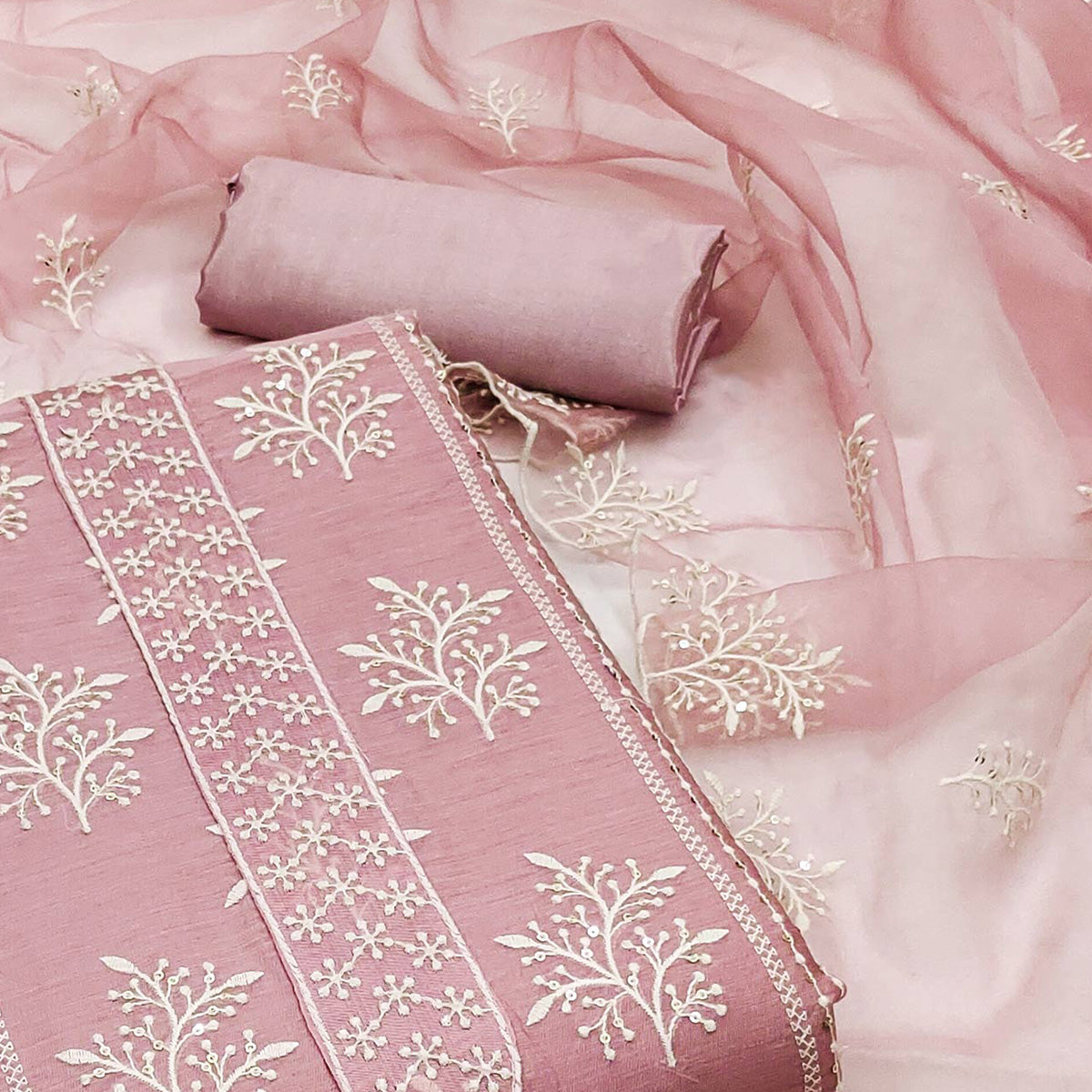 Pink Embroidered Chanderi Dress Material