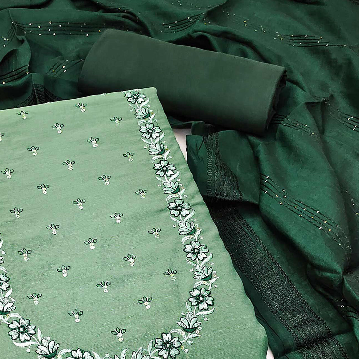 Green Embroidered Pure Cotton Dress Material