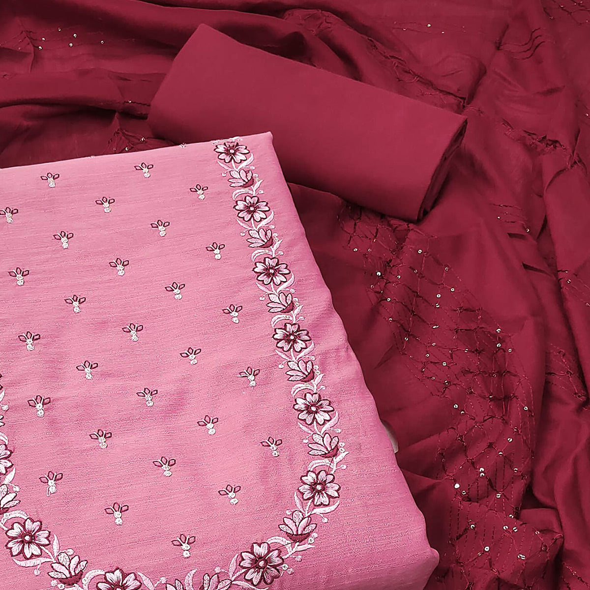 Pink Embroidered viscose Dress Material