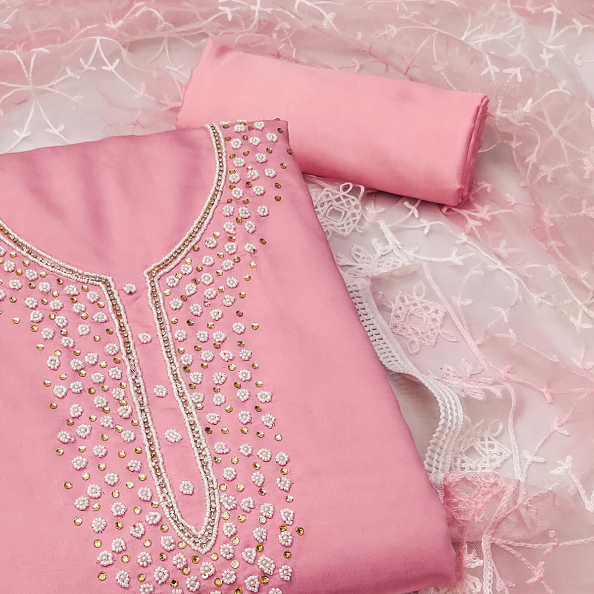 Pink Bead & Stones Embroidered Viscose Dress Material