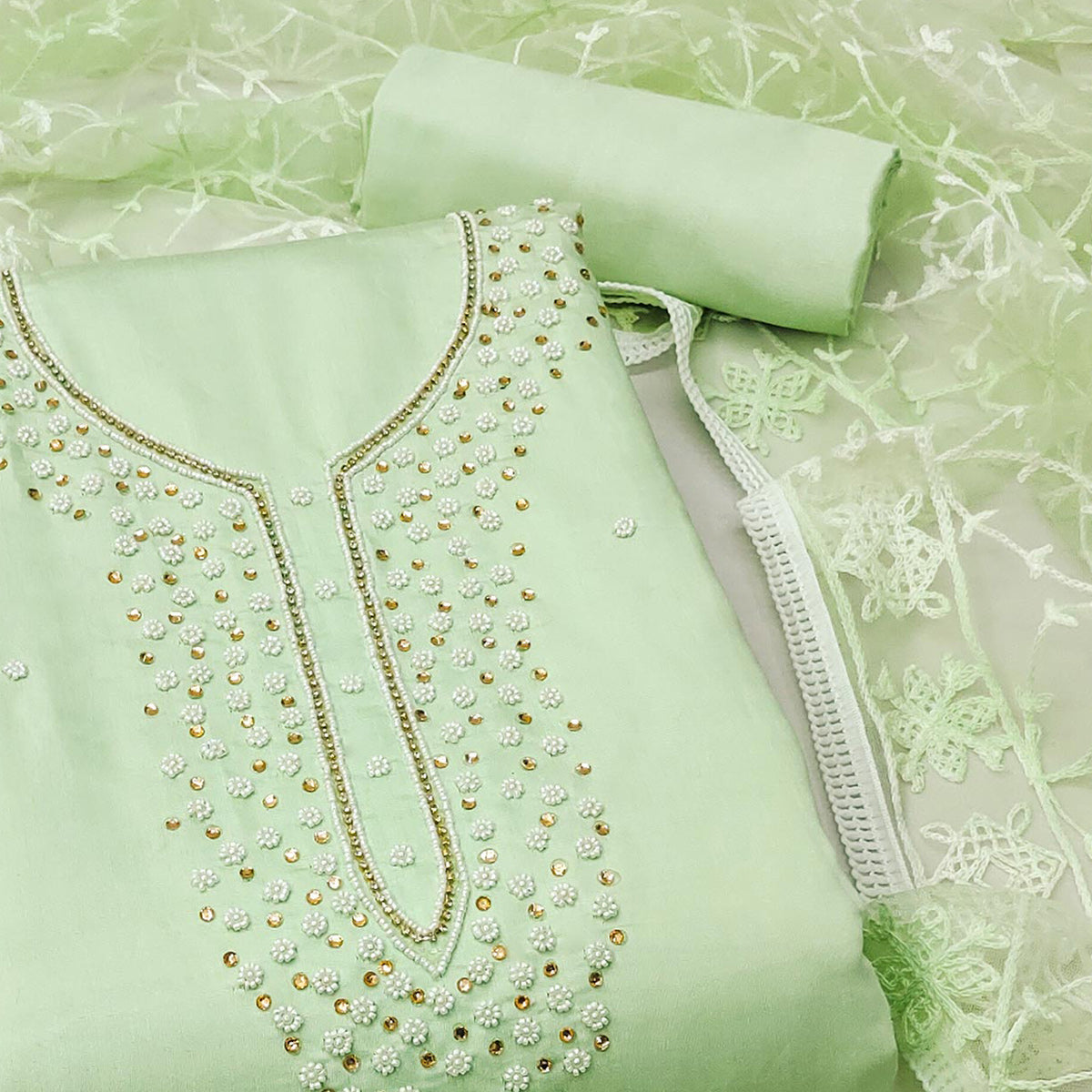 Pista Green Bead & Stones Embroidered Viscose Dress Material