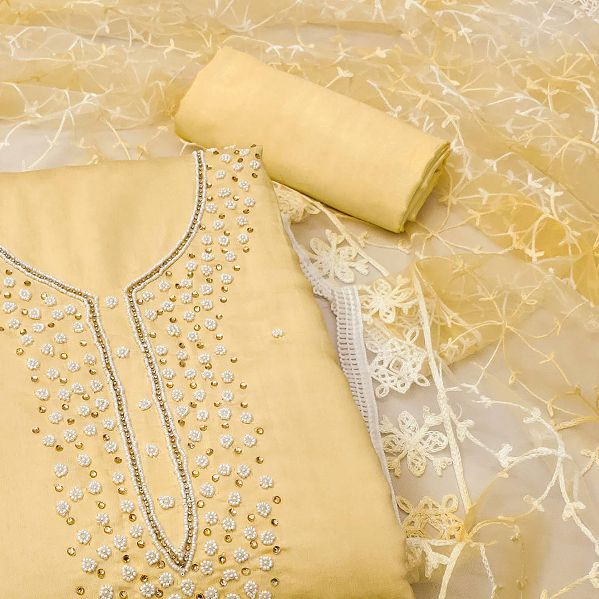 Yellow Bead & Stones Embroidered Viscose Dress Material