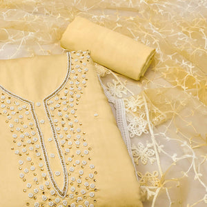 Yellow Bead & Stones Embroidered Viscose Dress Material