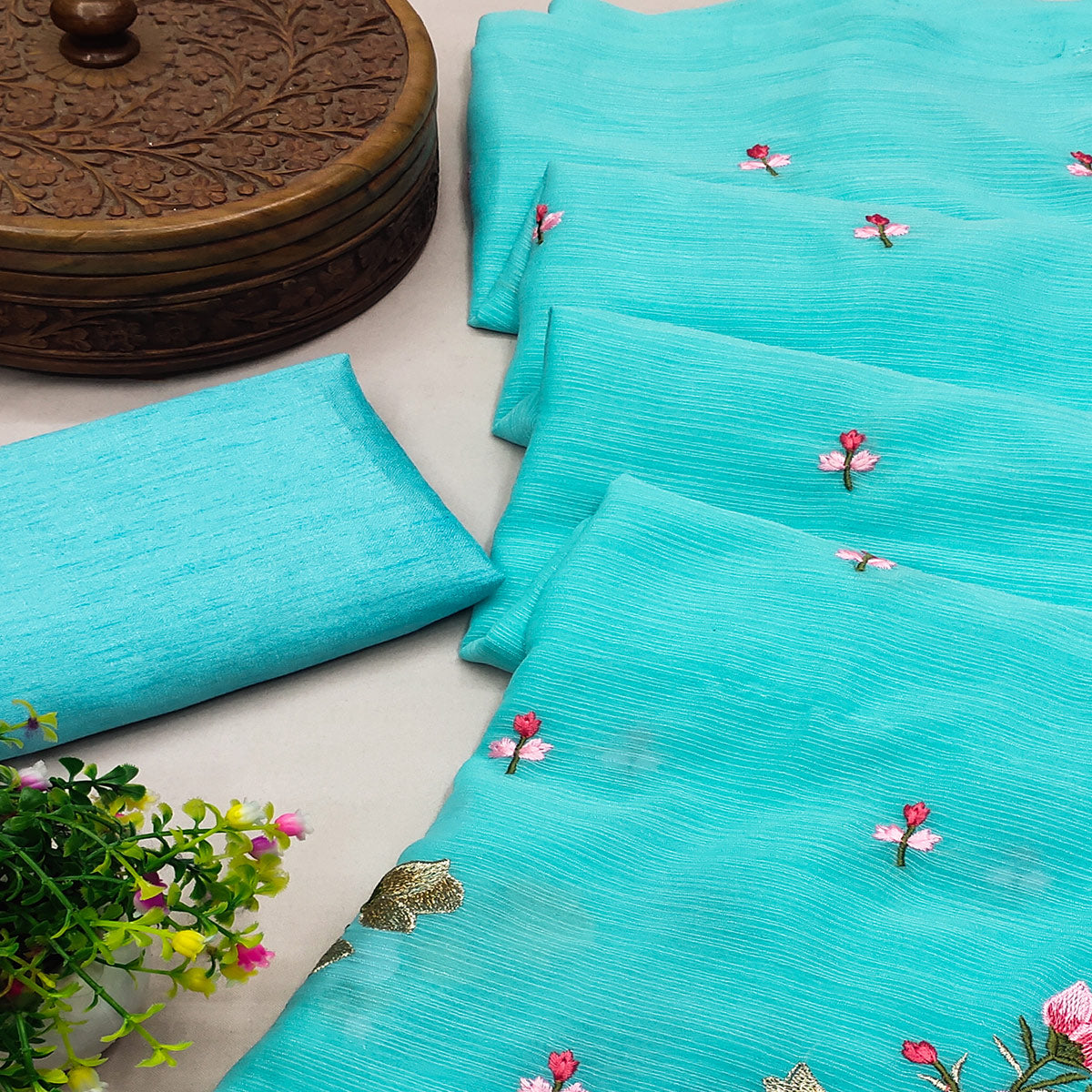 Turquoise Floral Embroidered Art Silk Saree