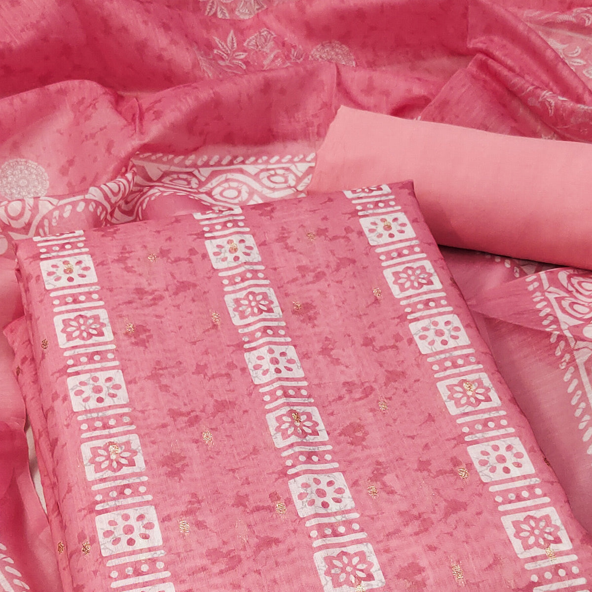 Pink Floral Printed Chanderi Dress Material