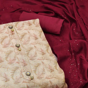 Beige Floral Printed Cotton Silk Dress Material