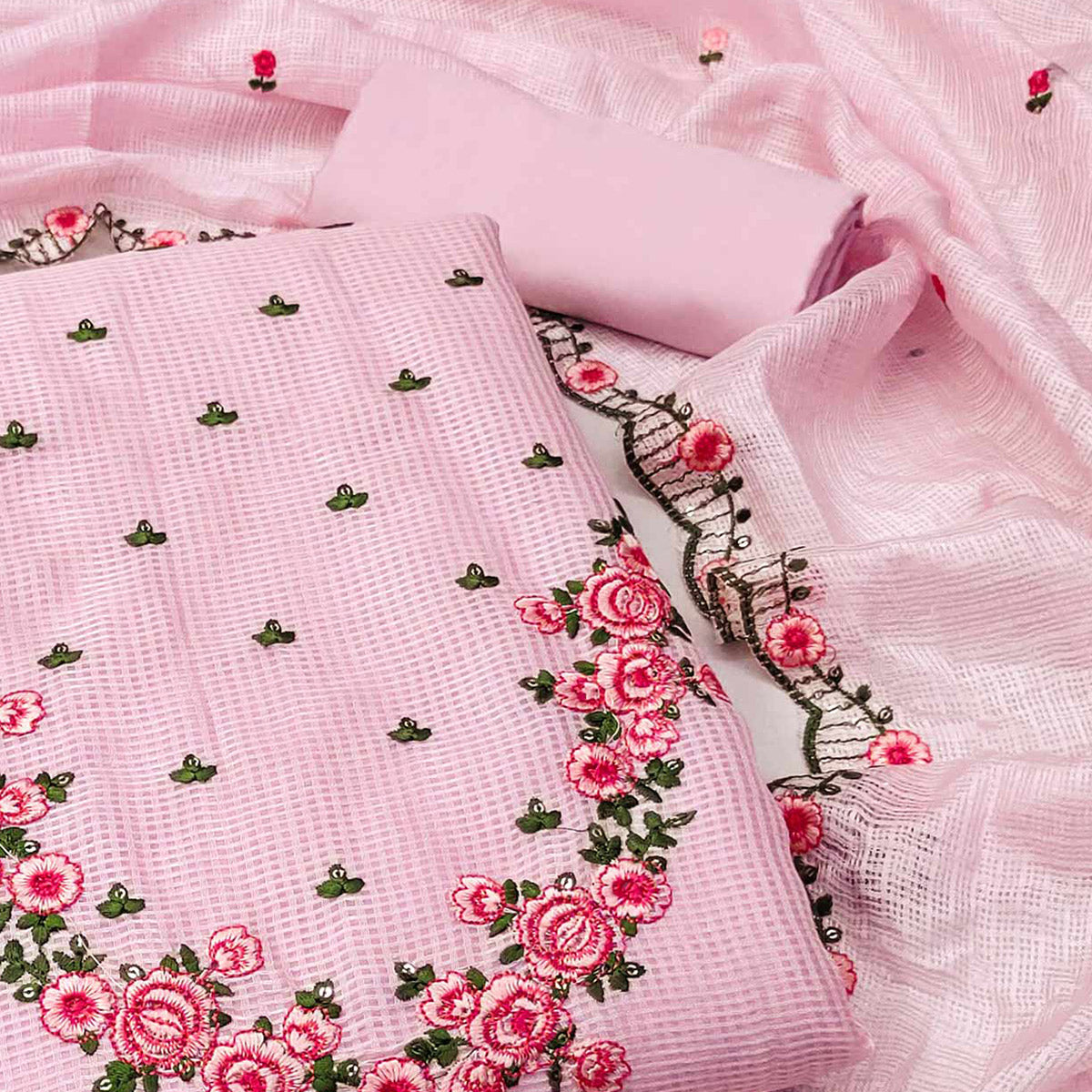 Pink Floral Embroidered Kota Doria Dress Material