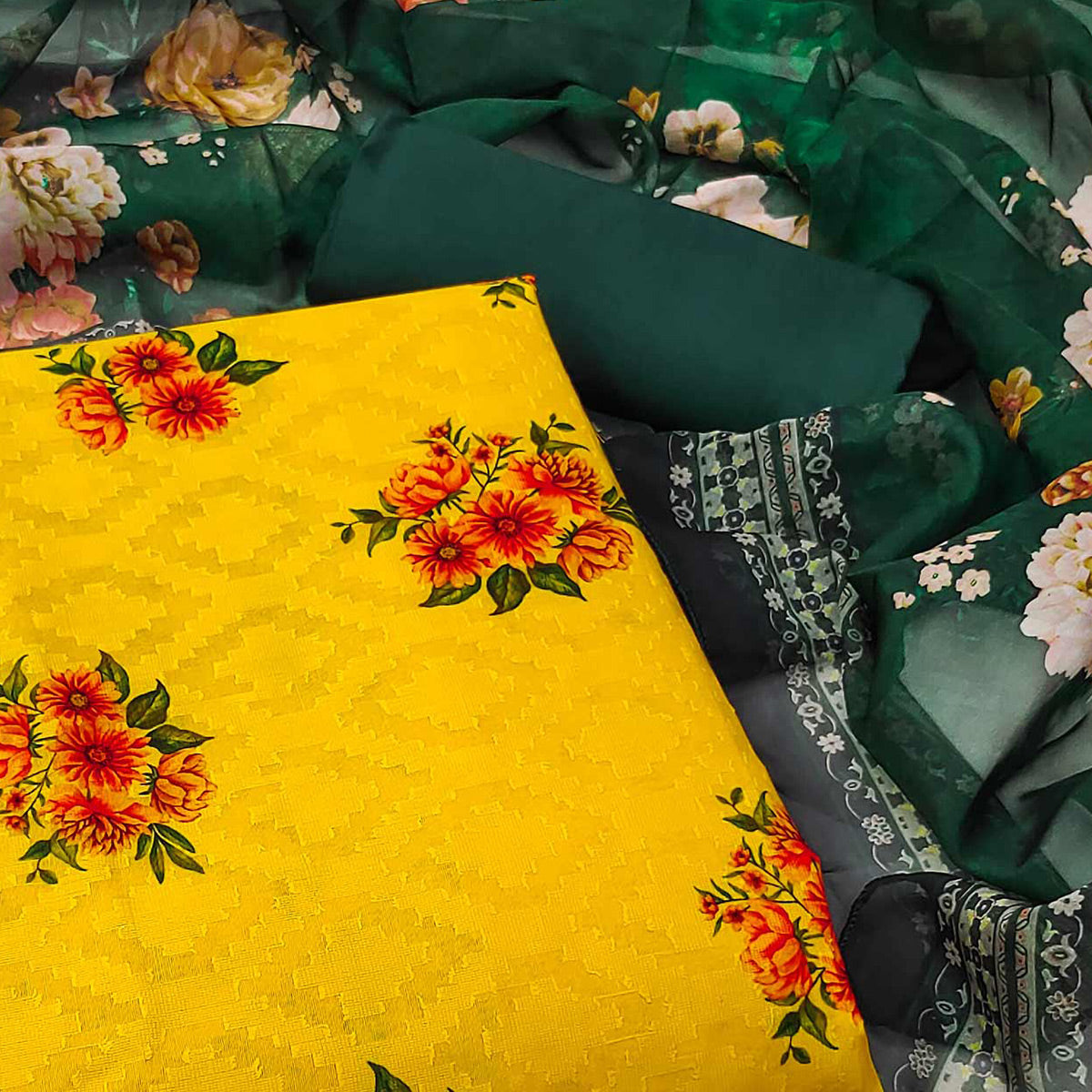 Yellow Floral Printed Pure Cotton Dress Material