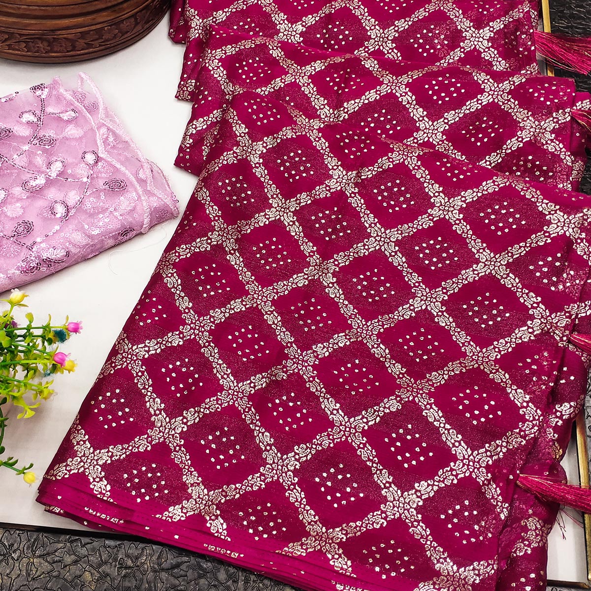 Pink Foil Printed Chiffon Saree