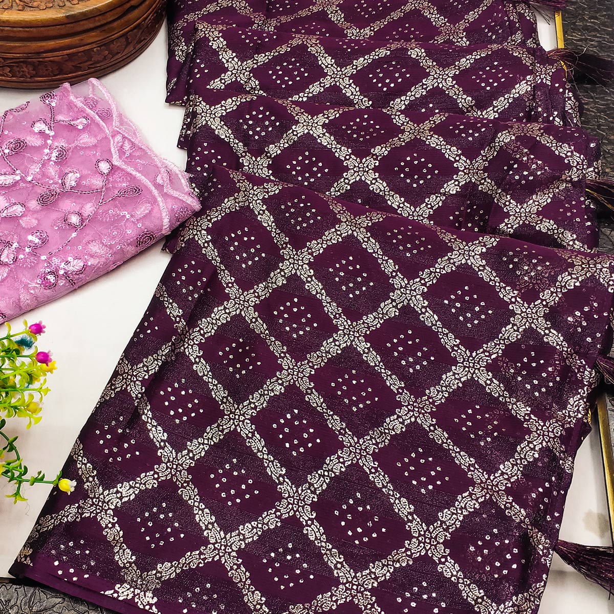 Wine Foil Printed Chiffon Saree
