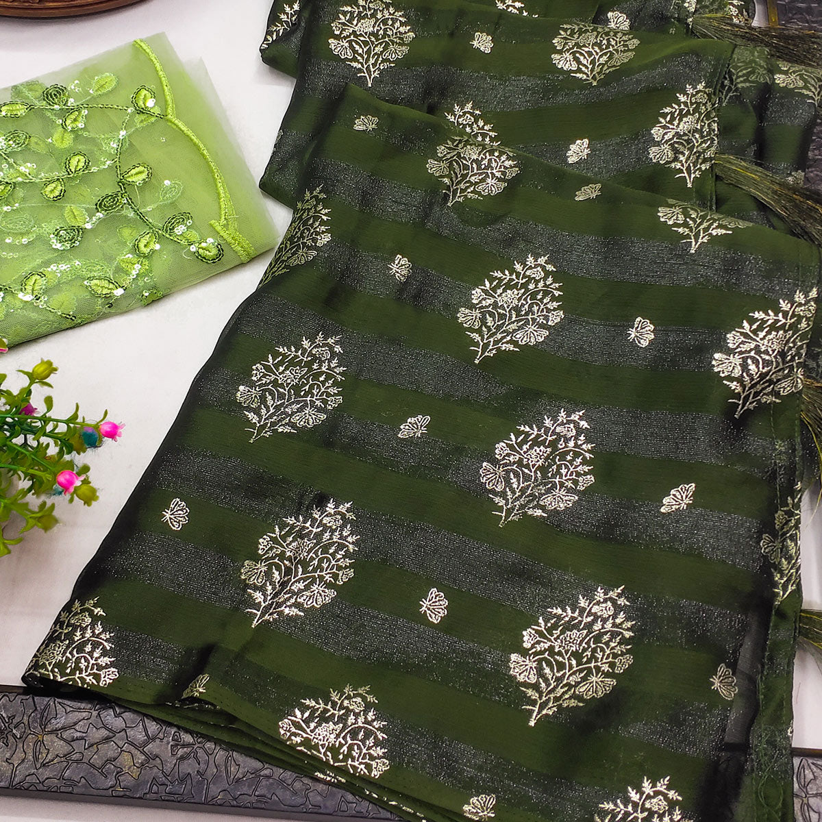 Mehendi Green Foil Printed Chiffon Saree