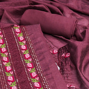 Dark Mauve Embroidered Vichitra Silk Dress Material