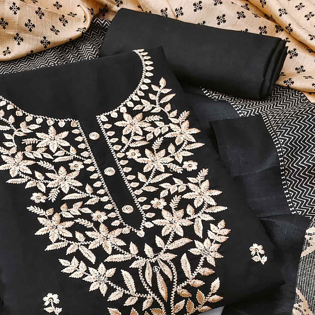 Black Embroidered Viscose Dress Material