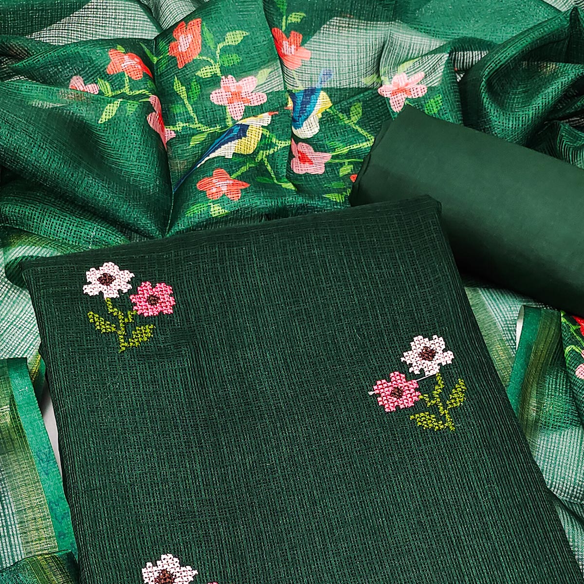 Dark Green Floral Embroidered Kota Doria Dress Material