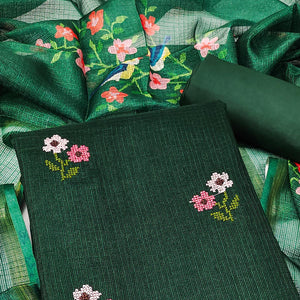 Dark Green Floral Embroidered Kota Doria Dress Material