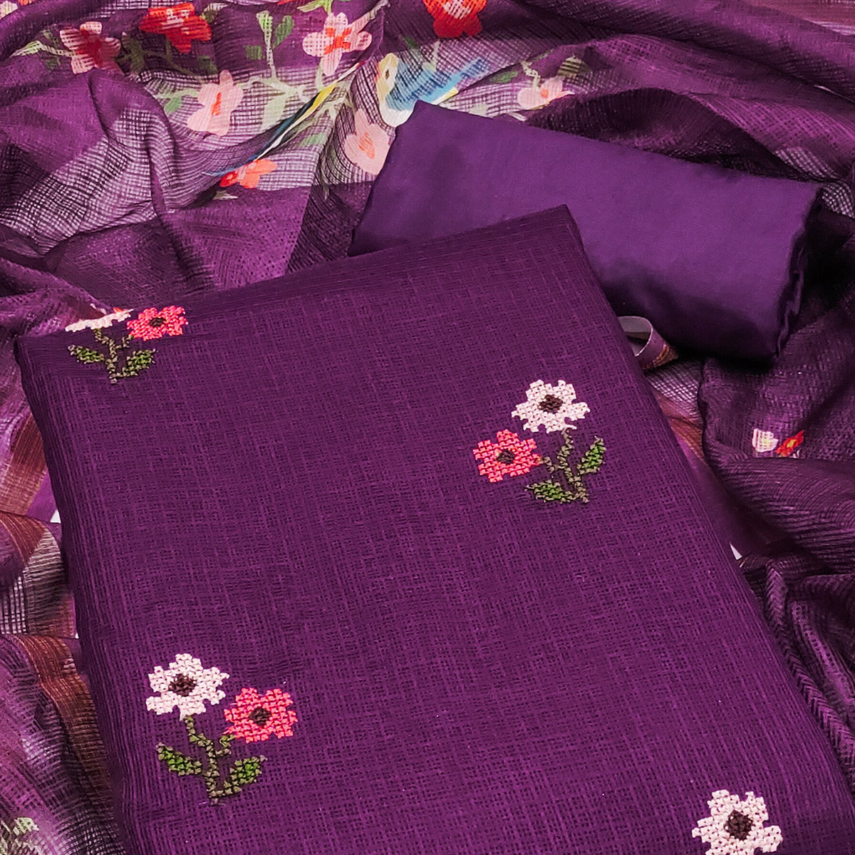 Dark Purple Floral Embroidered Kota Doria Dress Material