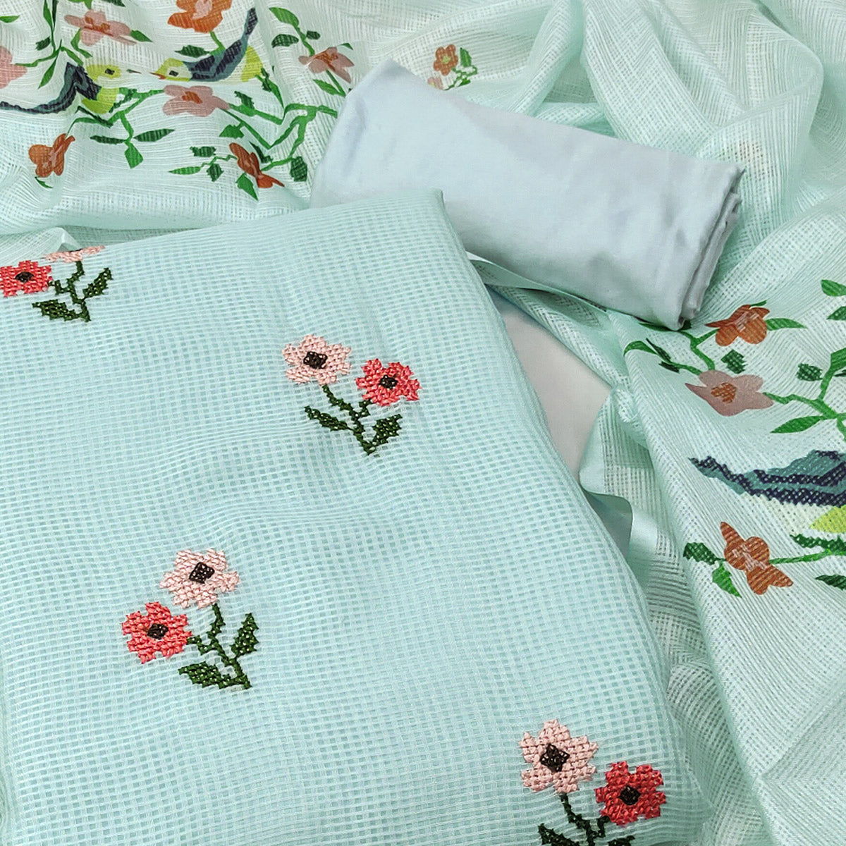 Light Blue Floral Embroidered Kota Doria Dress Material