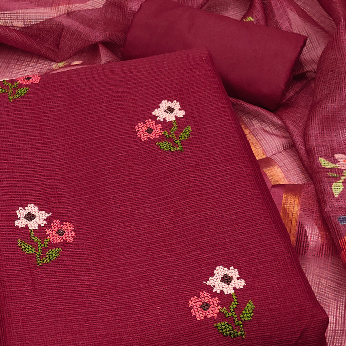 Unstitched Maroon Suit Set in Soft Kota Doria Adorned with Floral Embroidery