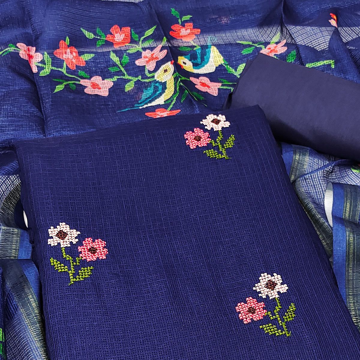 Navy Blue Floral Embroidered Kota Doria Dress Material
