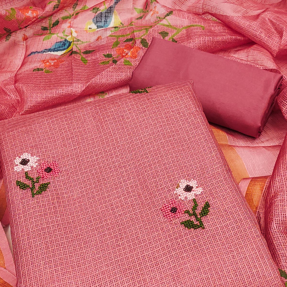 Peach Floral Embroidered Kota Doria Dress Material