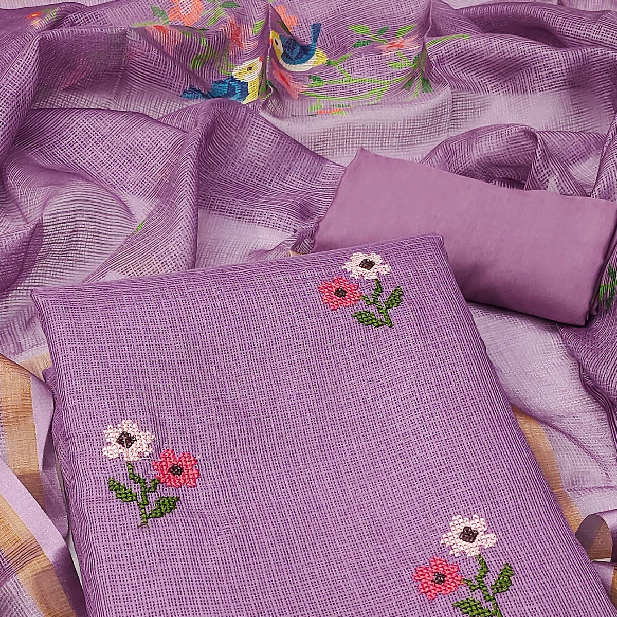 Included product 1: Purple Floral Embroidered Kota Doria Dress Material (RAJT-7358-PURPLE) - original product photograph