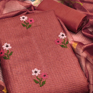 Unstitched Rust Suit Set in Soft Kota Doria Adorned with Floral Embroidery