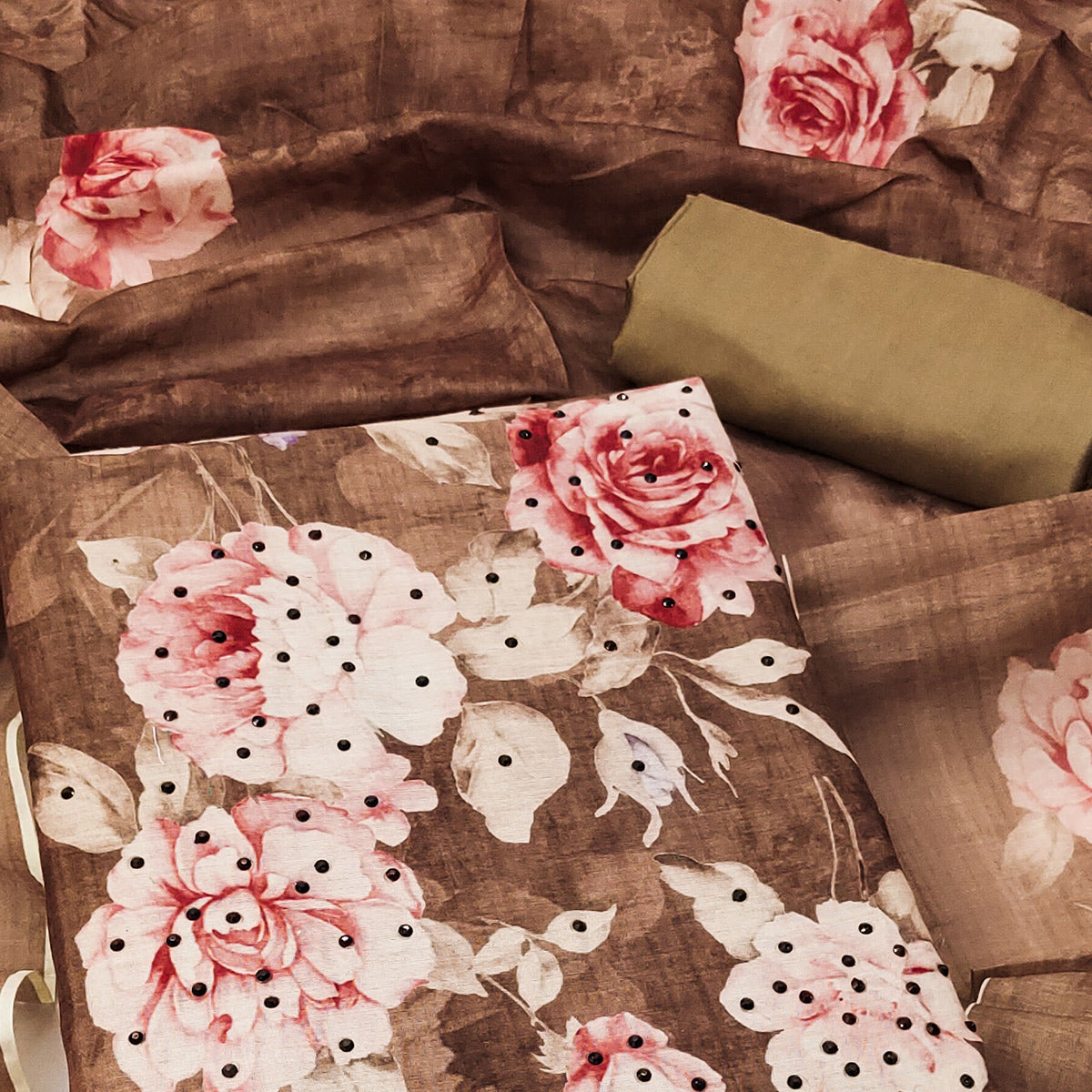 Brown Floral Printed Chanderi Dress Material