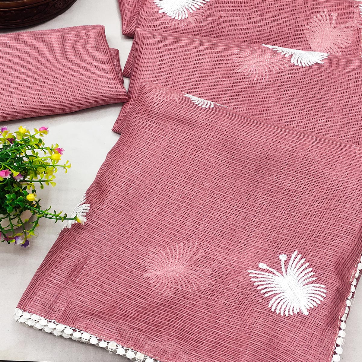 Peach Embroidered Kota Doria Saree