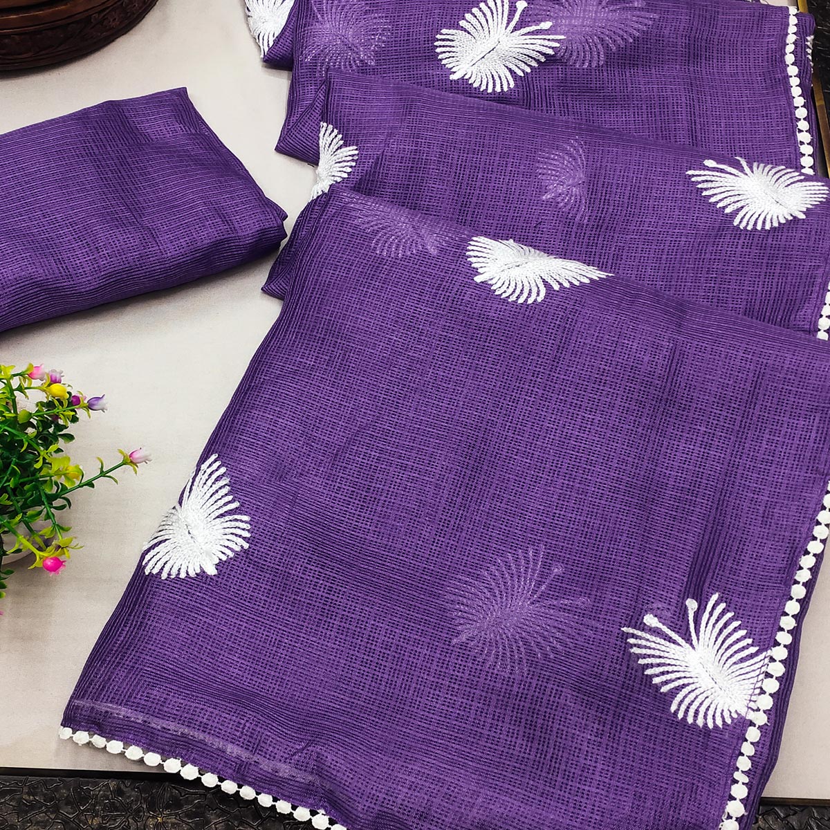 Purple Embroidered Kota Doria Saree