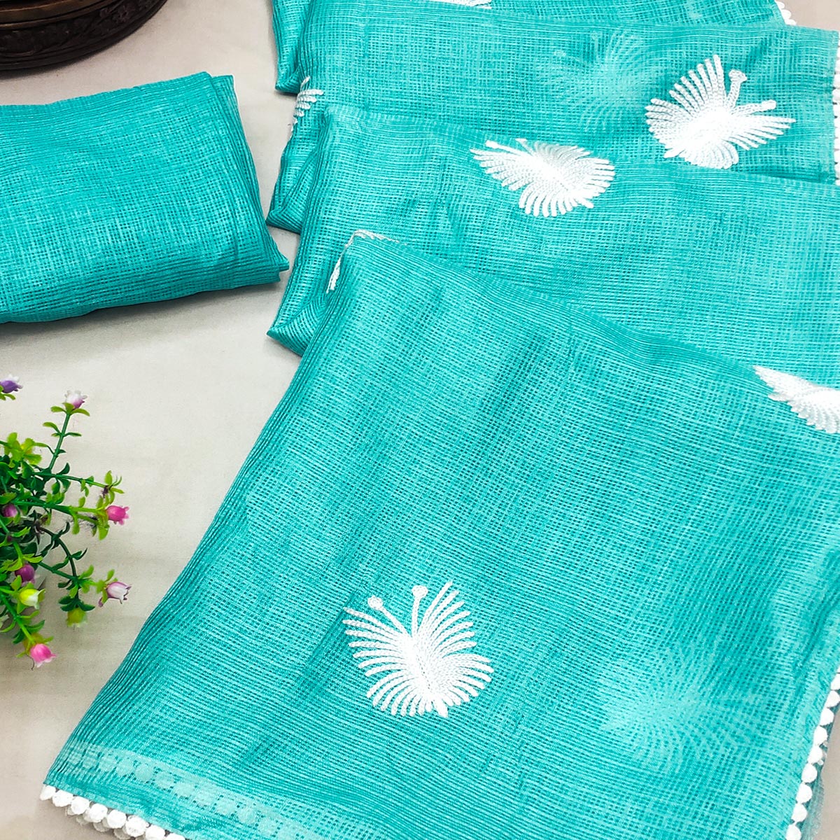 Turquoise Embroidered Kota Doria Saree