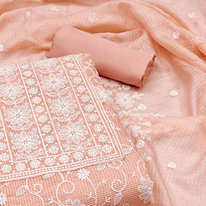 Peach Floral Embroidered Kota Doria Dress Material