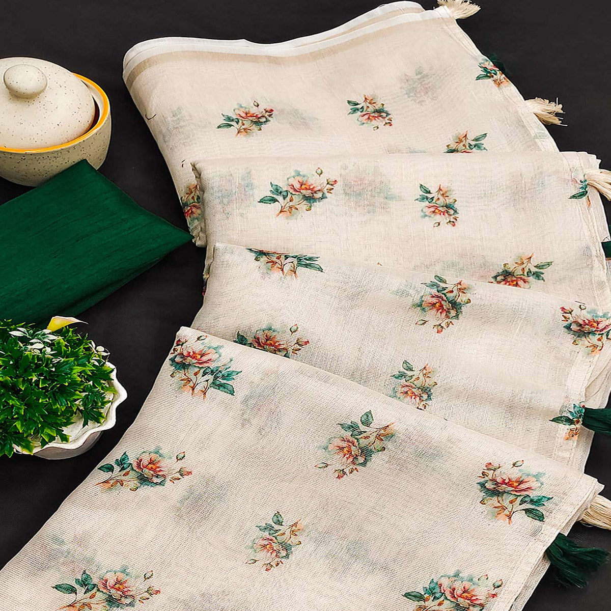 Cream & Green Floral Printed Cotton Silk Saree With Tassels