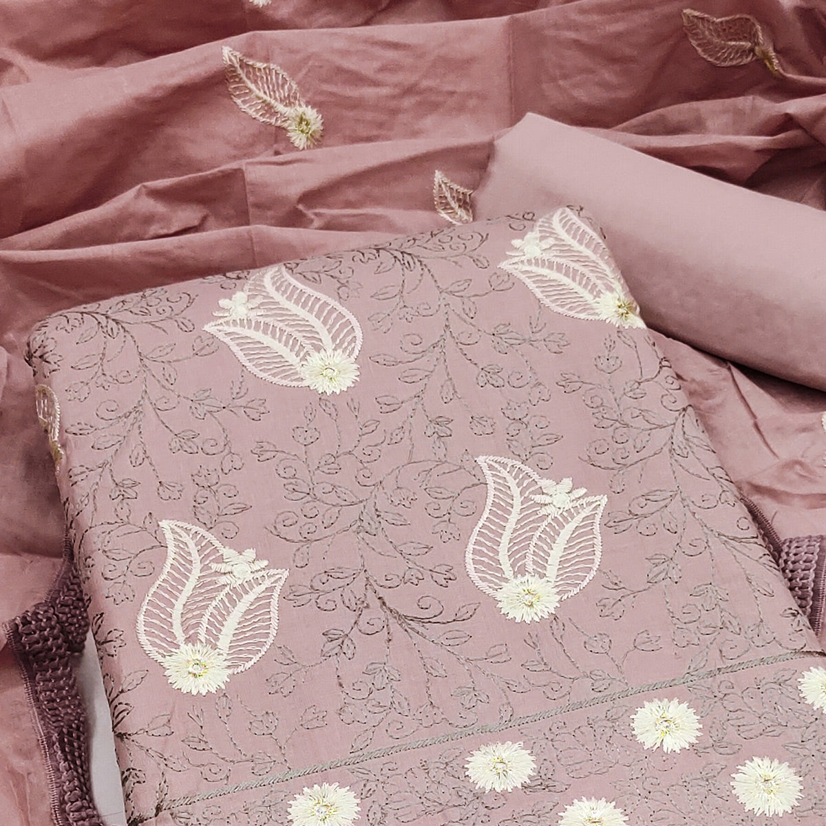 Dusty Pink Floral Embroidered Pure Cotton Dress Material