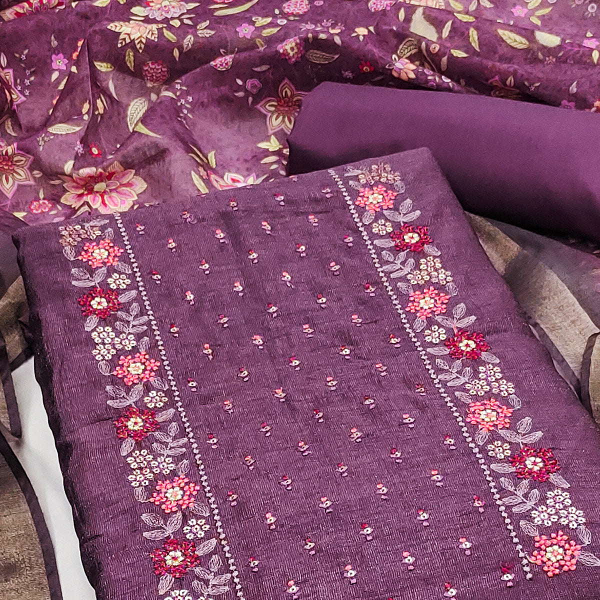 Purple Embroidered Vichitra Silk Dress Material