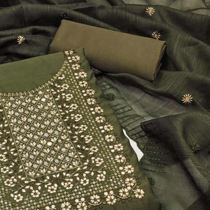 Green Floral Embroidered Cotton Blend Dress Material