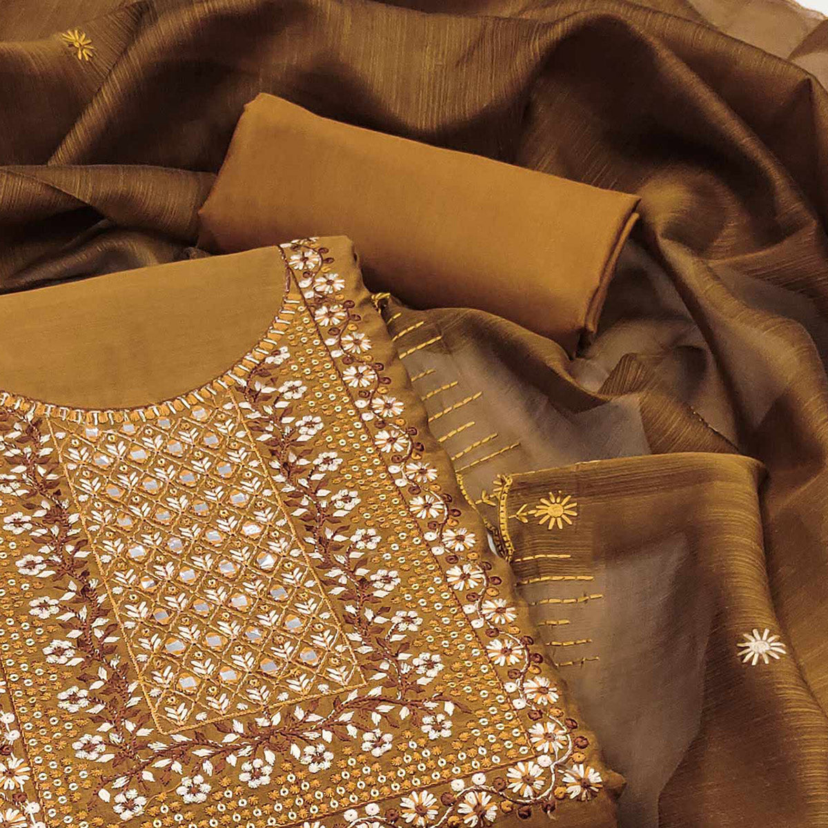 Yellow Ocre Floral Embroidered Cotton Blend Dress Material