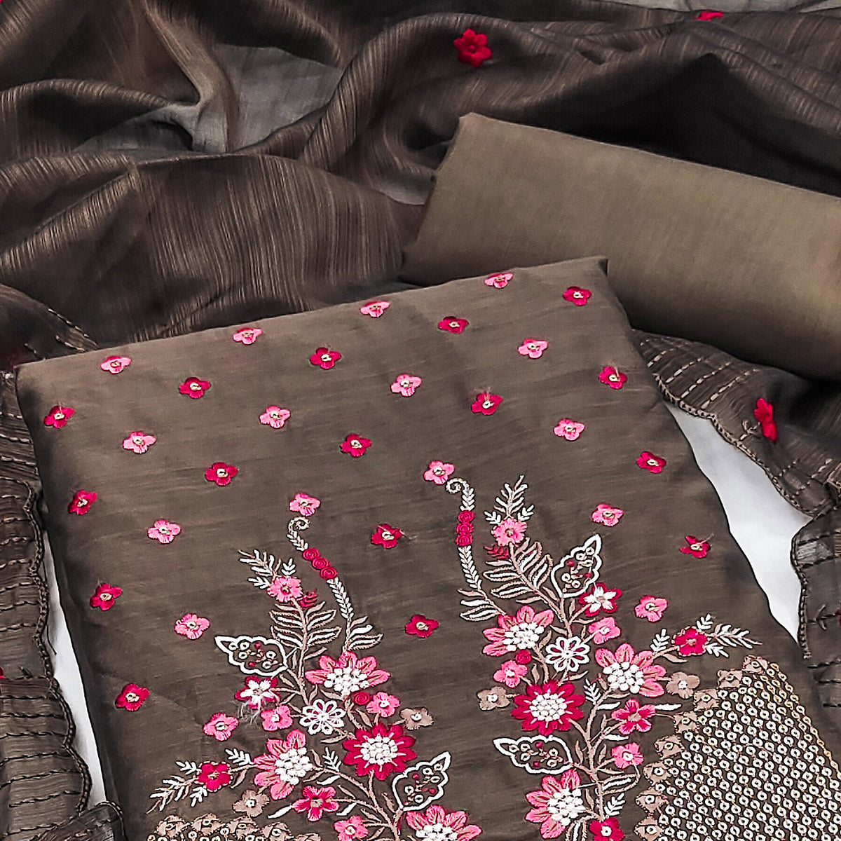 Brown Floral Embroidered Cotton Blend Dress Material