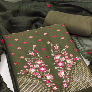 Green Floral Embroidered Cotton Blend Dress Material