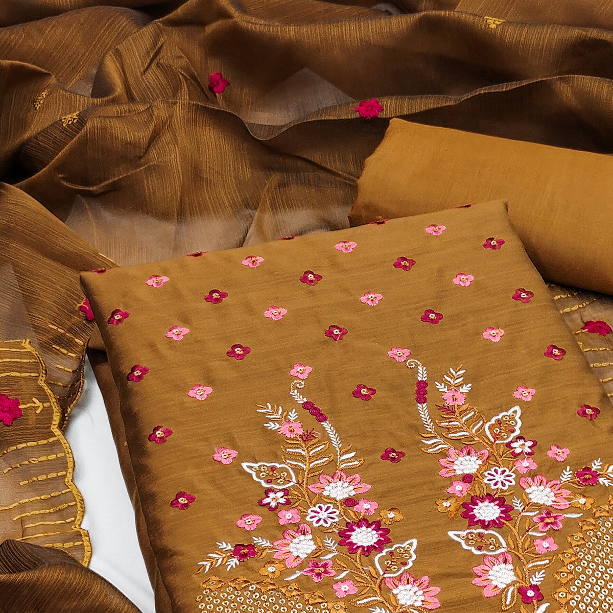 Yellow Ocre Floral Embroidered Cotton Blend Dress Material