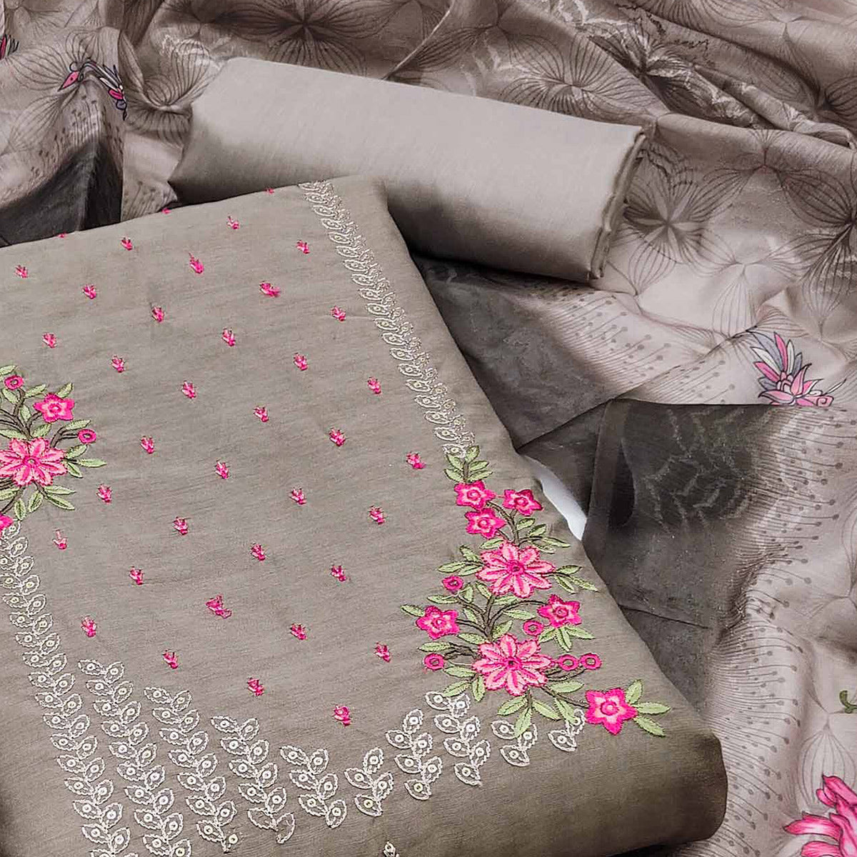 Brown Floral Embroidered Cotton Blend Dress Material